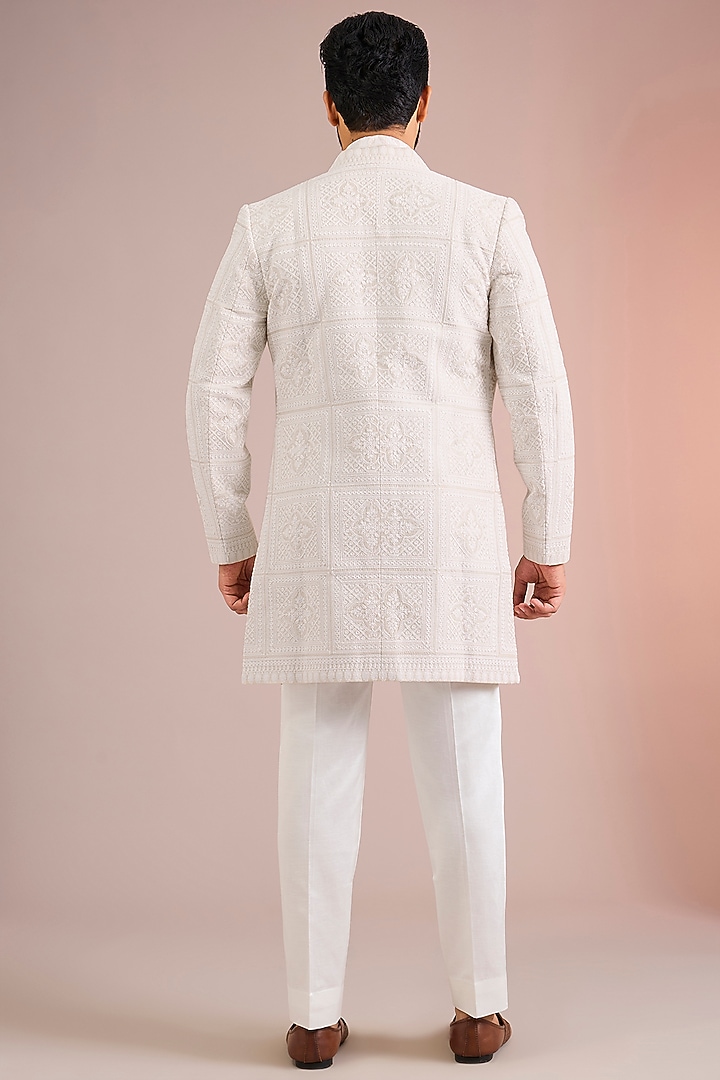 Beige Silk Groom Indowestern Set by Seema Gujral Men at Pernia's Pop Up Shop