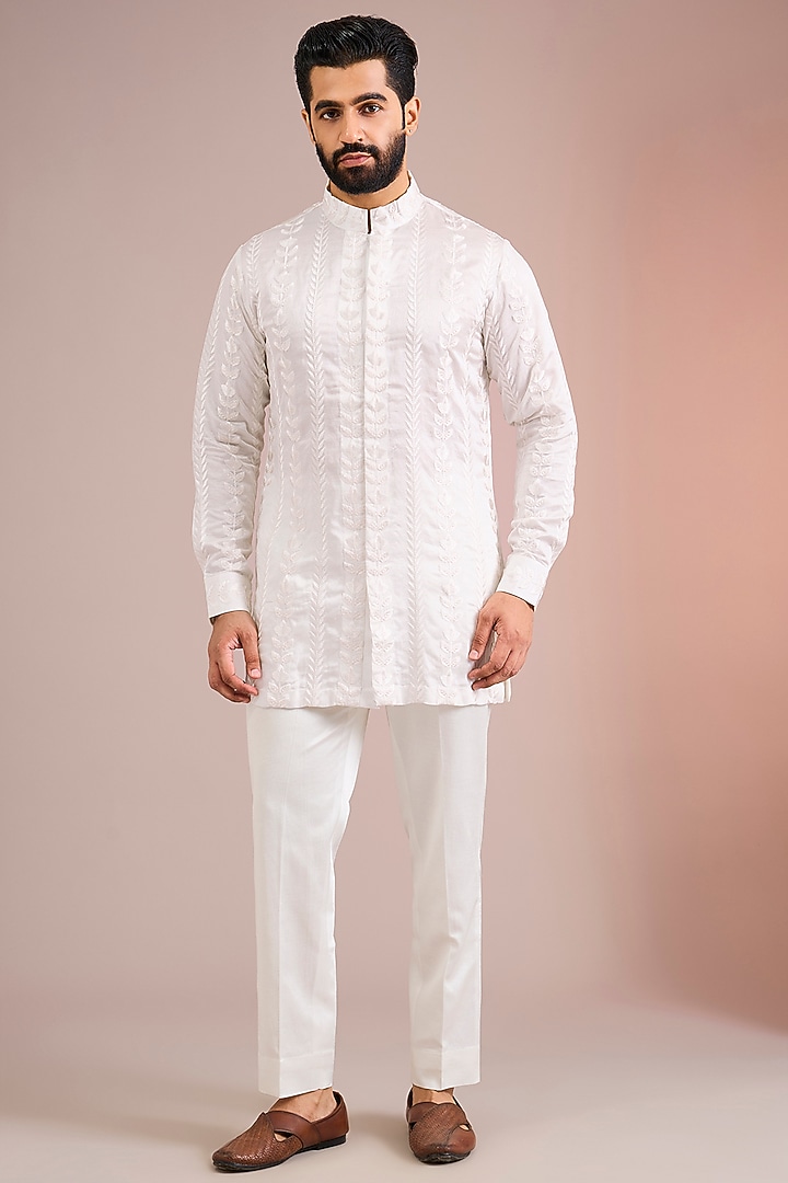 Beige Silk Groom Indowestern Set by Seema Gujral Men at Pernia's Pop Up Shop