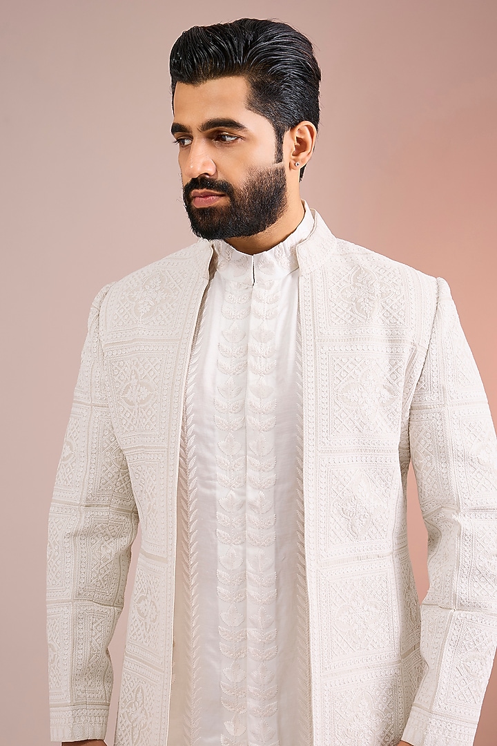 Beige Silk Groom Indowestern Set by Seema Gujral Men at Pernia's Pop Up Shop
