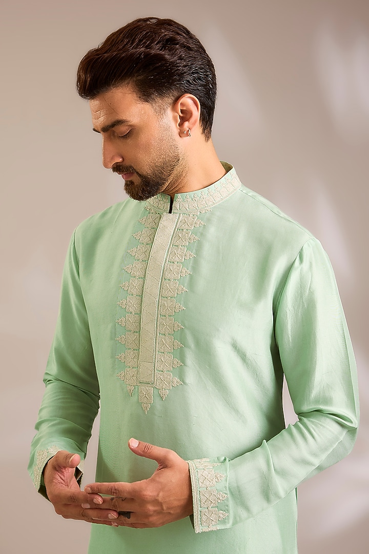 Olive Green Silk Kurta Set by Seema Gujral Men at Pernia's Pop Up Shop