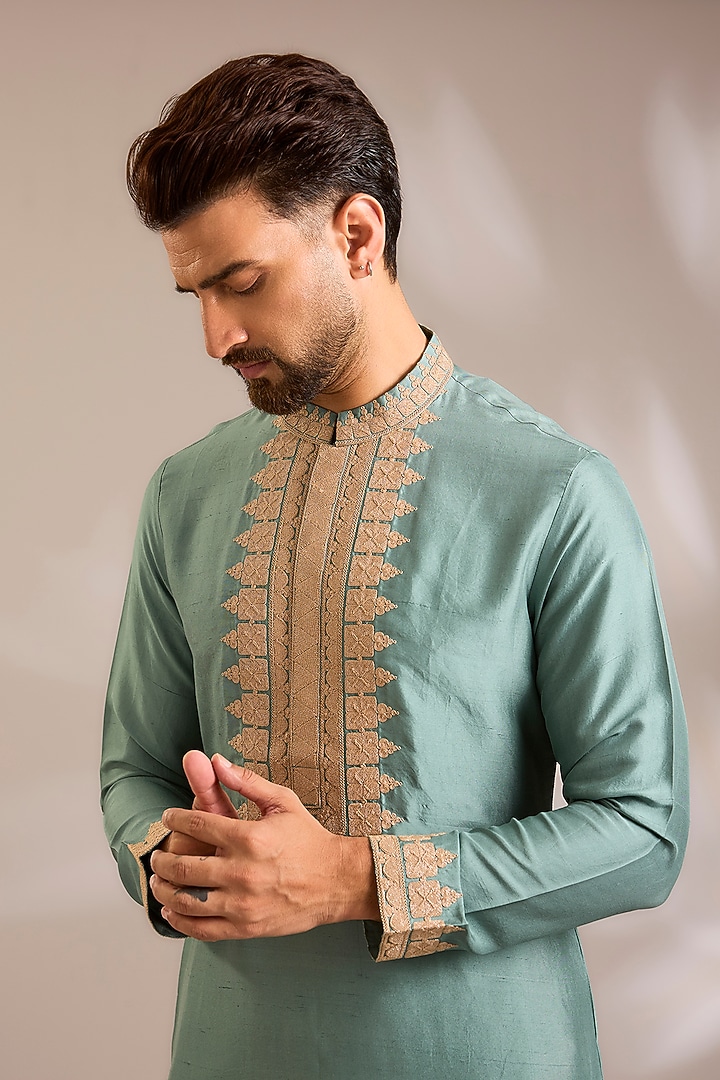 Green Silk Kurta Set by Seema Gujral Men at Pernia's Pop Up Shop