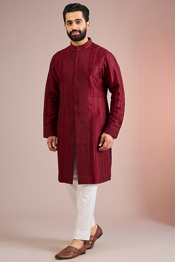Wine Silk Kurta Set by Seema Gujral Men at Pernia's Pop Up Shop