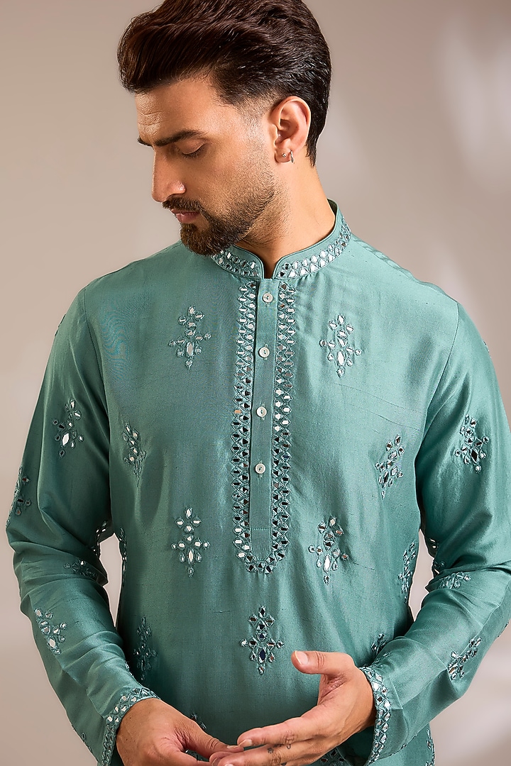 Sage Green Silk Kurta Set by Seema Gujral Men at Pernia's Pop Up Shop