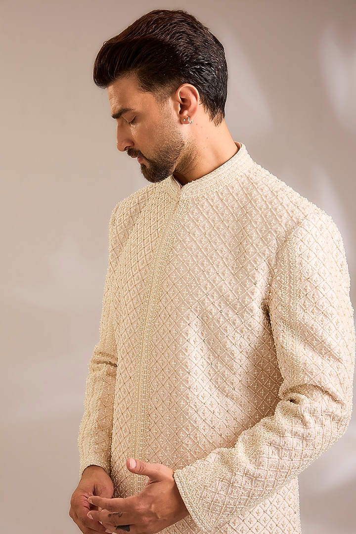 Powder Pink Silk Groom Sherwani Set by Seema Gujral Men at Pernia's Pop Up Shop
