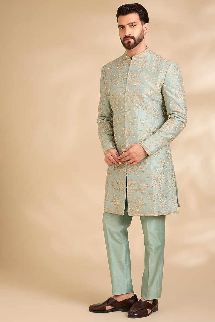 Sage Green Silk Groom Sherwani Set by Seema Gujral Men at Pernia's Pop Up Shop