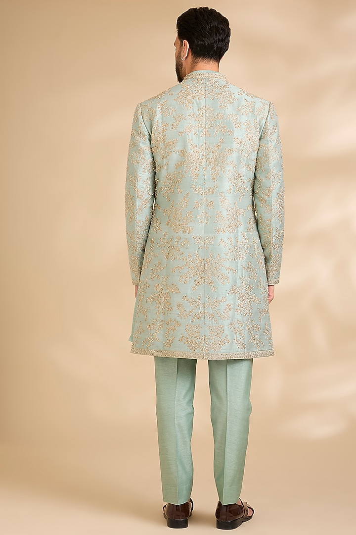 Sage Green Silk Groom Sherwani Set by Seema Gujral Men at Pernia's Pop Up Shop