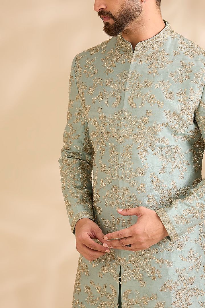 Sage Green Silk Groom Sherwani Set by Seema Gujral Men at Pernia's Pop Up Shop