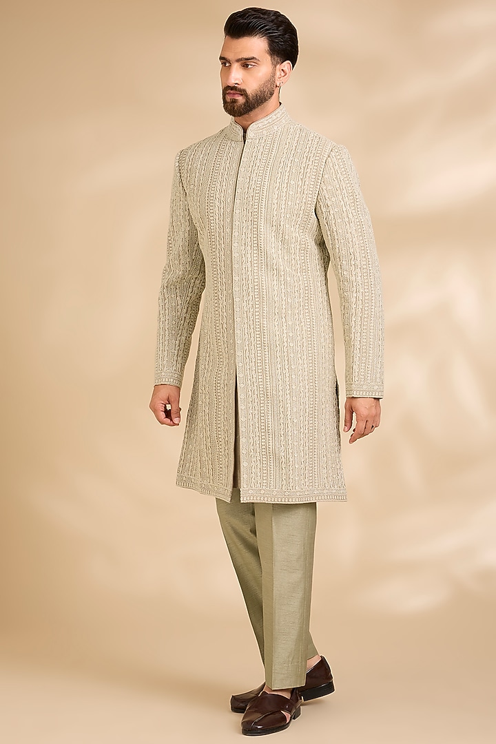 Nude Silk Groom Sherwani Set by Seema Gujral Men at Pernia's Pop Up Shop