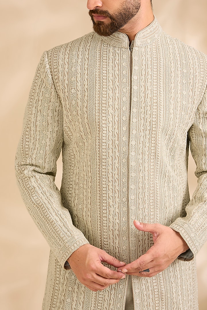 Nude Silk Groom Sherwani Set by Seema Gujral Men at Pernia's Pop Up Shop