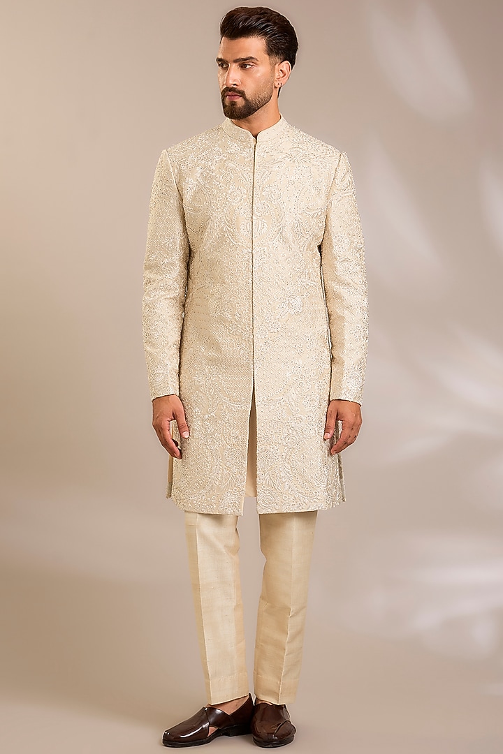 Nude Silk Groom Sherwani Set by Seema Gujral Men at Pernia's Pop Up Shop