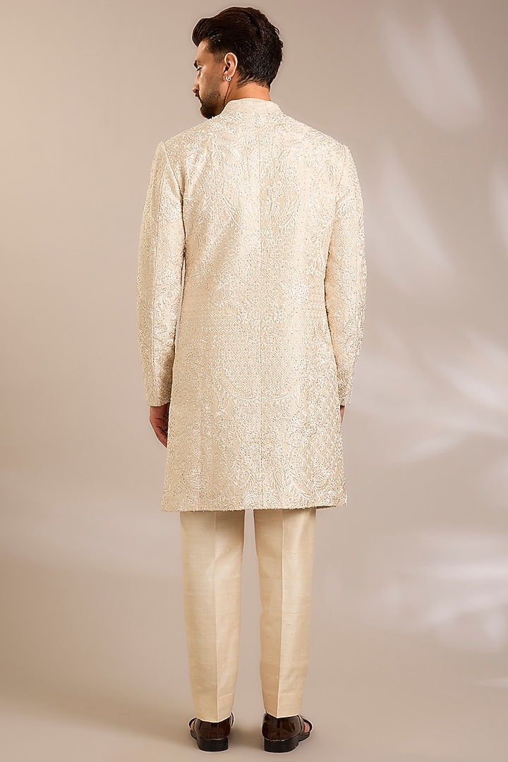 Nude Silk Groom Sherwani Set by Seema Gujral Men at Pernia's Pop Up Shop