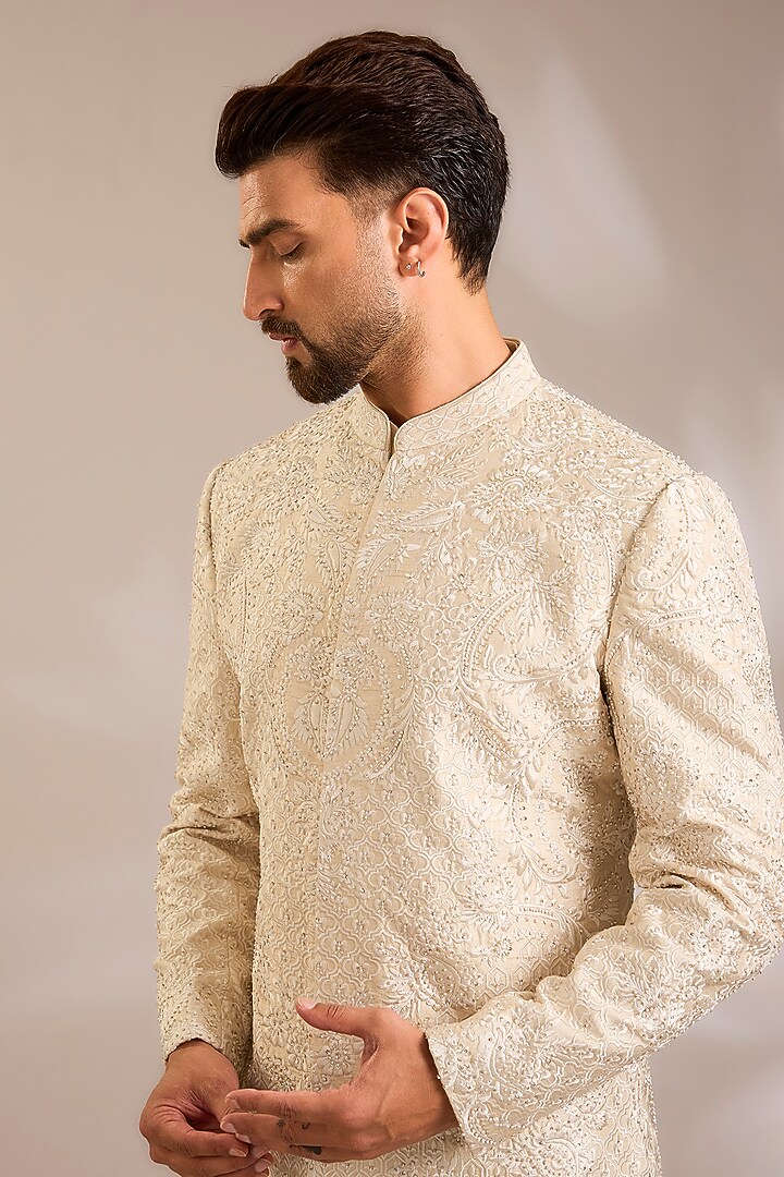 Nude Silk Groom Sherwani Set by Seema Gujral Men at Pernia's Pop Up Shop