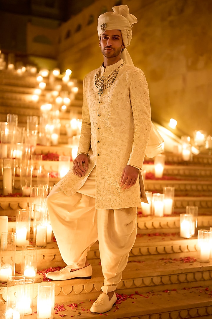 Ivory Raw Silk Thread Embroidered Groom Sherwani Set by Seema Gujral Men at Pernia's Pop Up Shop