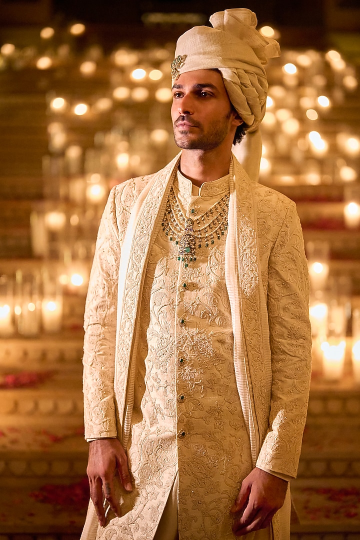 Ivory Raw Silk Thread Embroidered Groom Sherwani Set by Seema Gujral Men at Pernia's Pop Up Shop