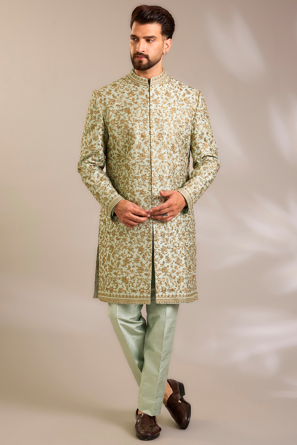 Seema Gujral Sage Green Silk Sherwani Set