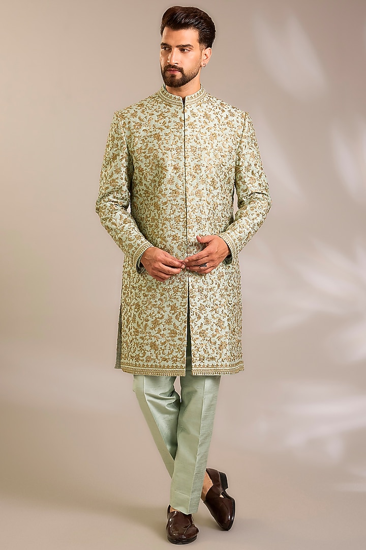 Sage Green Silk Groom Sherwani Set by Seema Gujral Men at Pernia's Pop Up Shop