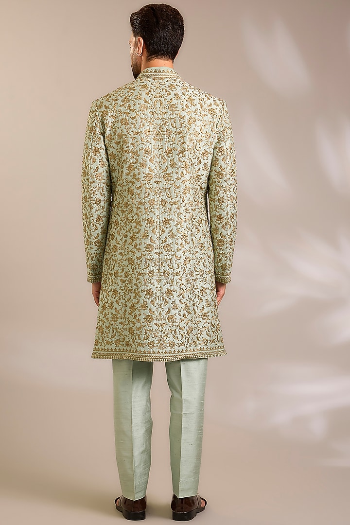 Sage Green Silk Groom Sherwani Set by Seema Gujral Men at Pernia's Pop Up Shop