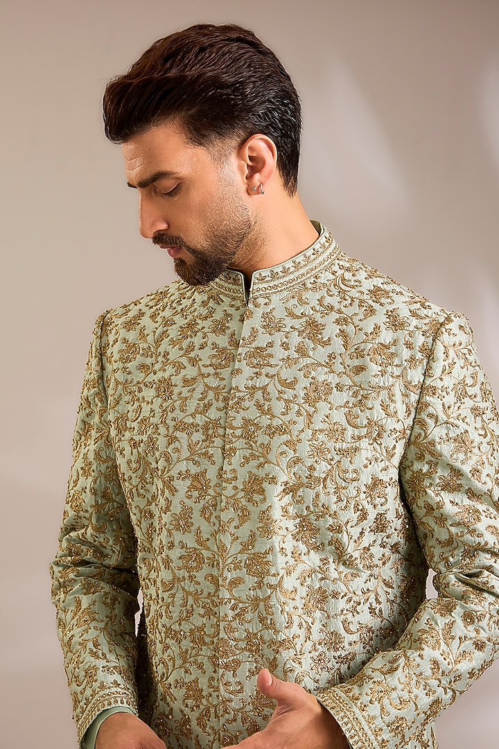 Sage Green Silk Groom Sherwani Set by Seema Gujral Men at Pernia's Pop Up Shop