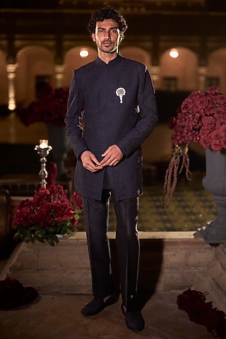 Navy Blue Raw Silk Thread Embroidered Sherwani Set by Seema Gujral Men