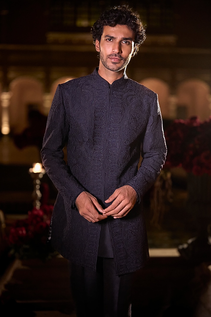 Navy Blue Raw Silk Thread Embroidered Groom Sherwani Set by Seema Gujral Men at Pernia's Pop Up Shop