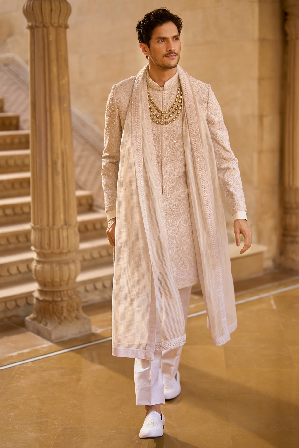 Seema Gujral Ivory Raw Silk Sequins Embroidered Sherwani Set