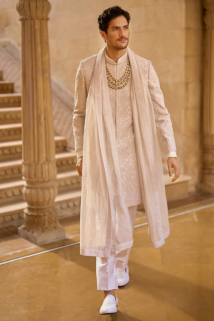 Ivory Raw Silk Sequins Embroidered Groom Sherwani Set by Seema Gujral Men at Pernia's Pop Up Shop