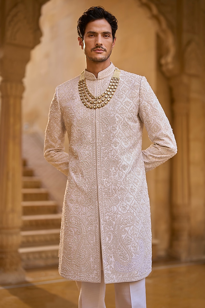 Ivory Raw Silk Sequins Embroidered Groom Sherwani Set by Seema Gujral Men at Pernia's Pop Up Shop