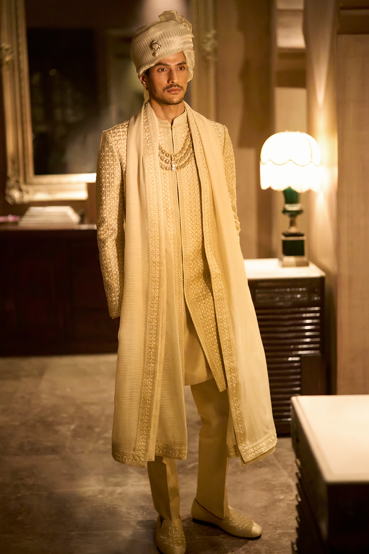 Seema Gujral Ivory Nude Raw Silk Sequins Embroidered Sherwani Set