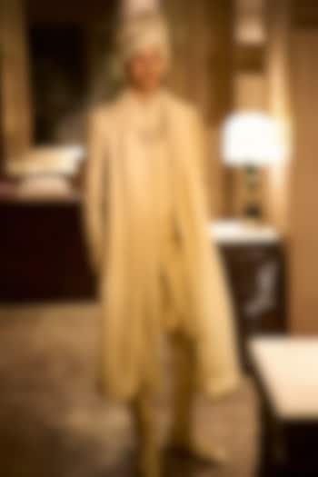Ivory Nude Raw Silk Sequins Embroidered Groom Sherwani Set by Seema Gujral Men at Pernia's Pop Up Shop