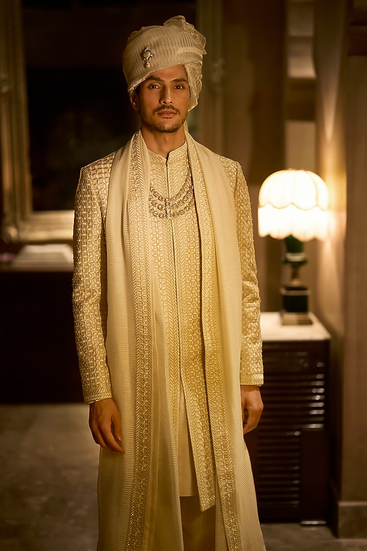 Ivory Nude Raw Silk Sequins Embroidered Groom Sherwani Set by Seema Gujral Men at Pernia's Pop Up Shop