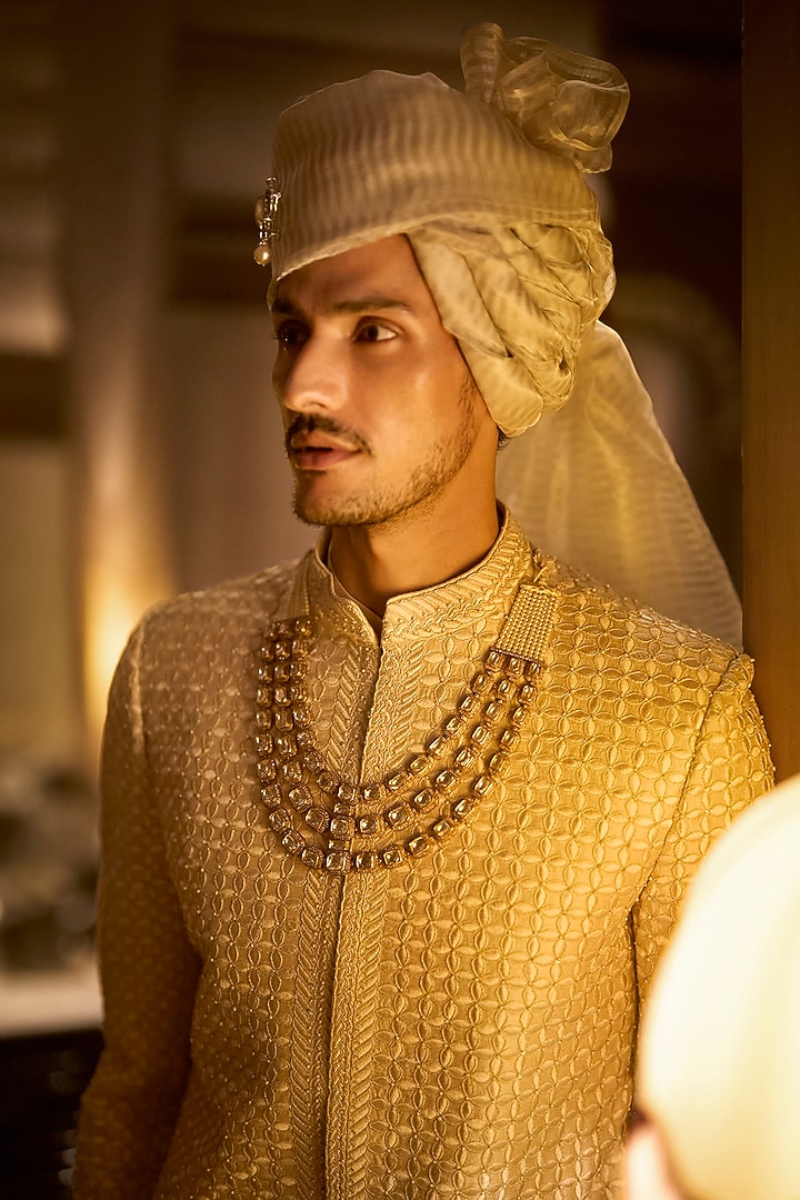 Ivory Nude Raw Silk Sequins Embroidered Groom Sherwani Set by Seema Gujral Men at Pernia's Pop Up Shop