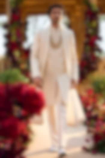 Cream Raw Silk Thread Embroidered Groom Sherwani Set by Seema Gujral Men at Pernia's Pop Up Shop