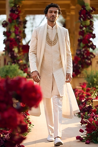 Cream Raw Silk Thread Embroidered Sherwani Set by Seema Gujral Men