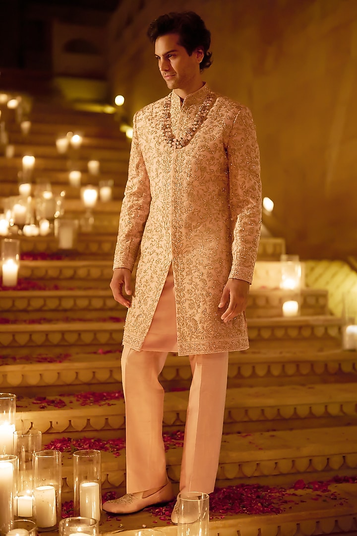 Pink Raw Silk Thread Embroidered Groom Sherwani Set by Seema Gujral Men at Pernia's Pop Up Shop
