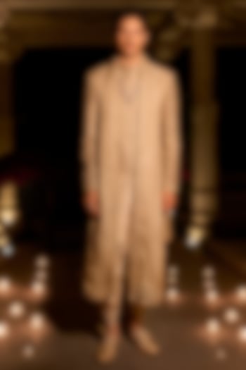 Champagne Raw Silk Zardosi Embroidered Groom Sherwani Set by Seema Gujral Men at Pernia's Pop Up Shop