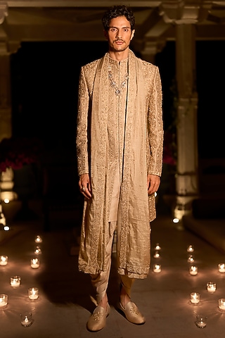 Champagne Raw Silk Zardosi Embroidered Sherwani Set by Seema Gujral Men