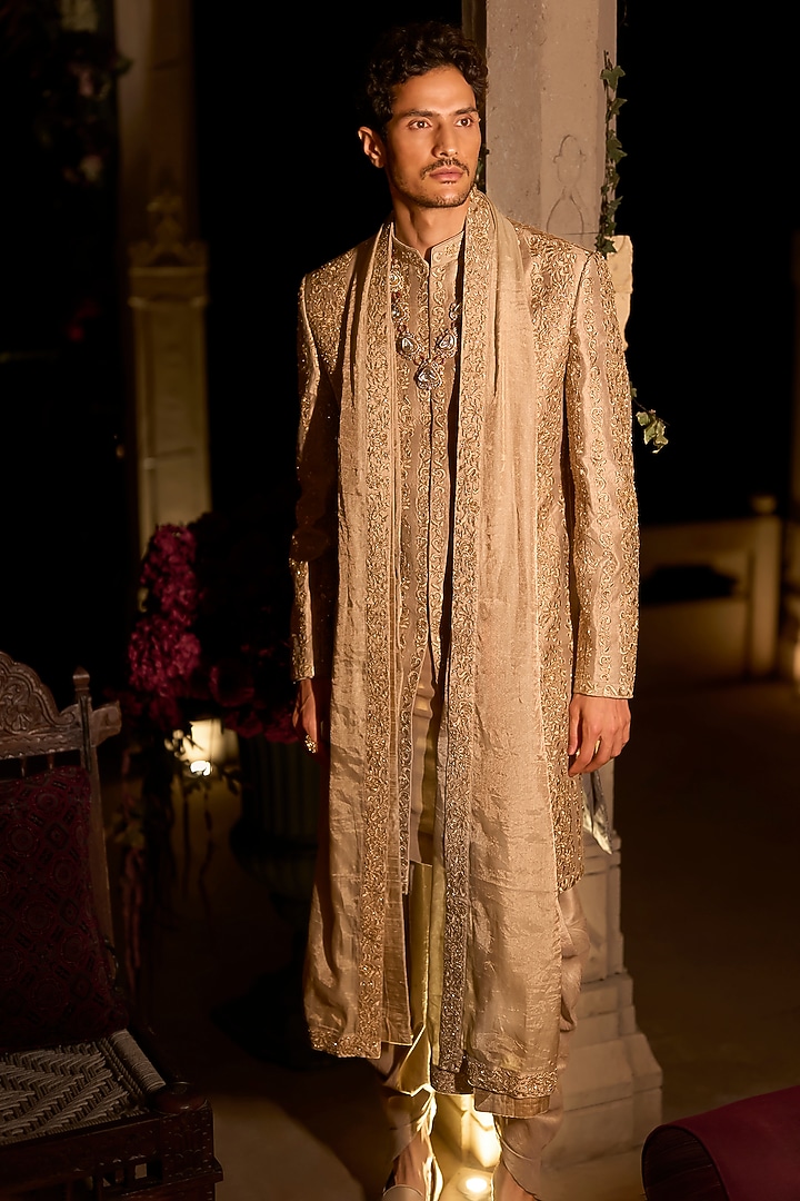 Champagne Raw Silk Zardosi Embroidered Groom Sherwani Set by Seema Gujral Men at Pernia's Pop Up Shop