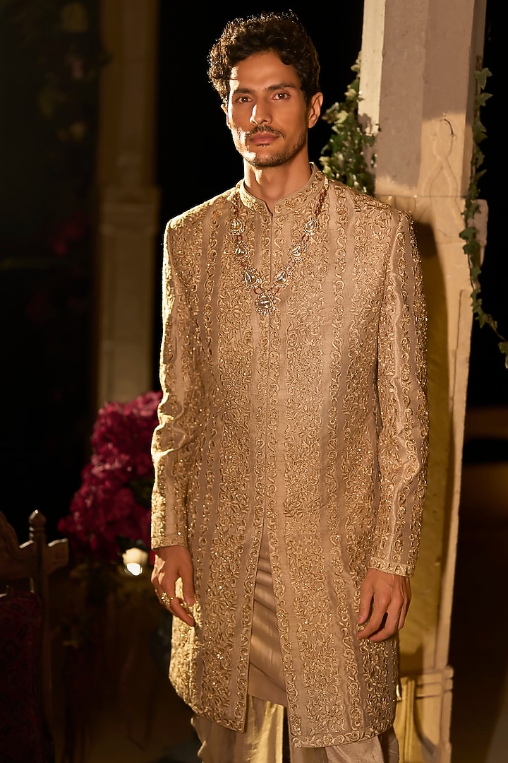 Champagne Raw Silk Zardosi Embroidered Groom Sherwani Set by Seema Gujral Men at Pernia's Pop Up Shop
