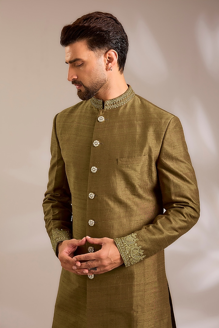 Antique Gold Silk Groom Sherwani Set by Seema Gujral Men at Pernia's Pop Up Shop
