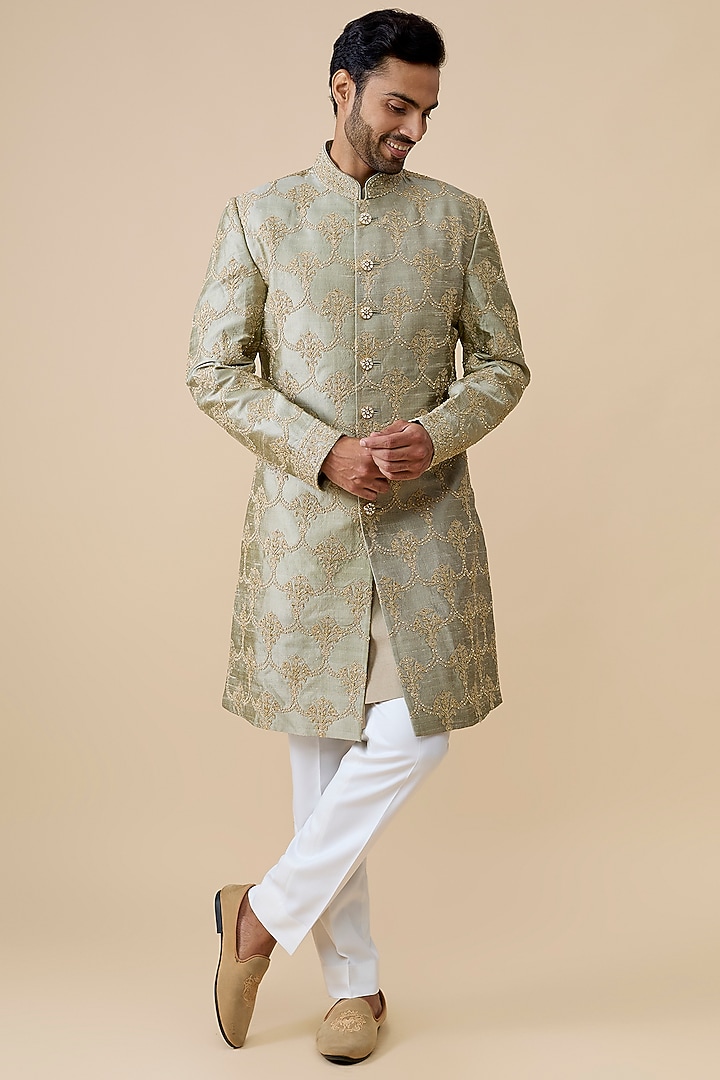 Champagne Silk Groom Sherwani Set by Seema Gujral Men at Pernia's Pop Up Shop