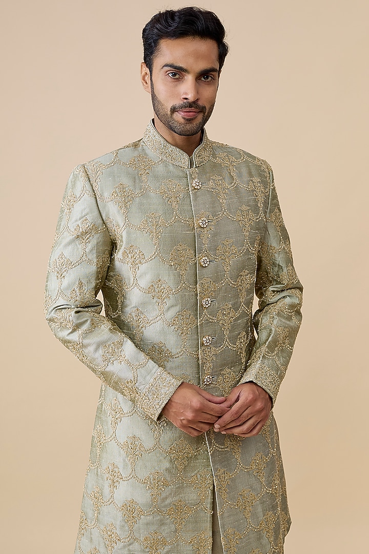 Champagne Silk Groom Sherwani Set by Seema Gujral Men at Pernia's Pop Up Shop