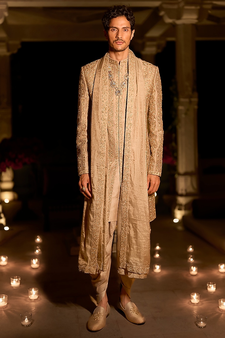 Champagne Raw Silk Zardosi Embroidered Groom Sherwani Set by Seema Gujral Men at Pernia's Pop Up Shop