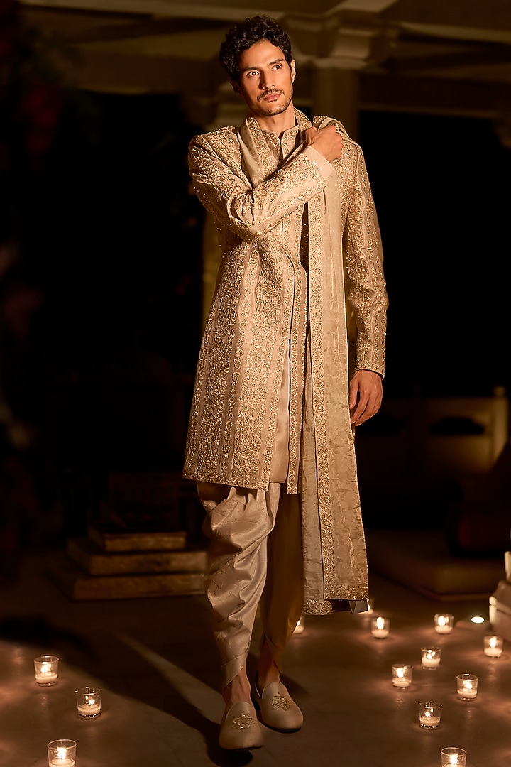 Champagne Raw Silk Zardosi Embroidered Groom Sherwani Set by Seema Gujral Men at Pernia's Pop Up Shop