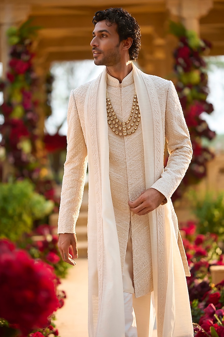 Cream Raw Silk Thread Embroidered Groom Sherwani Set by Seema Gujral Men at Pernia's Pop Up Shop