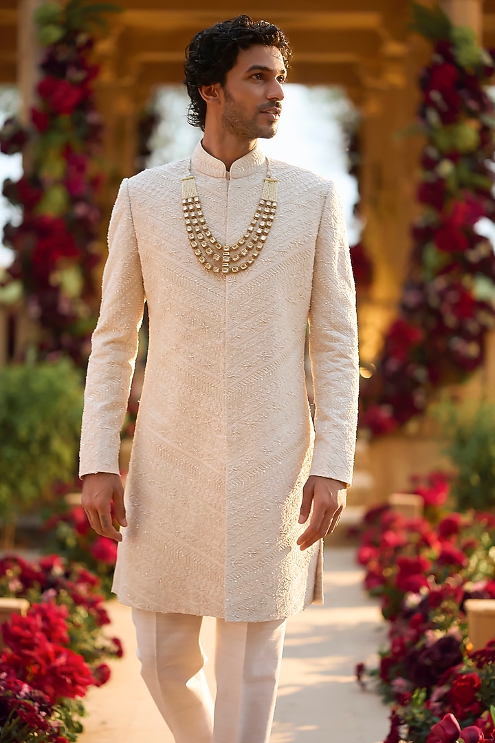 Cream Raw Silk Thread Embroidered Groom Sherwani Set by Seema Gujral Men at Pernia's Pop Up Shop