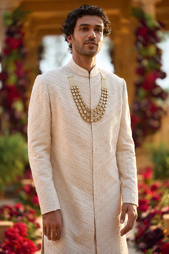 Cream Raw Silk Thread Embroidered Groom Sherwani Set by Seema Gujral Men at Pernia's Pop Up Shop