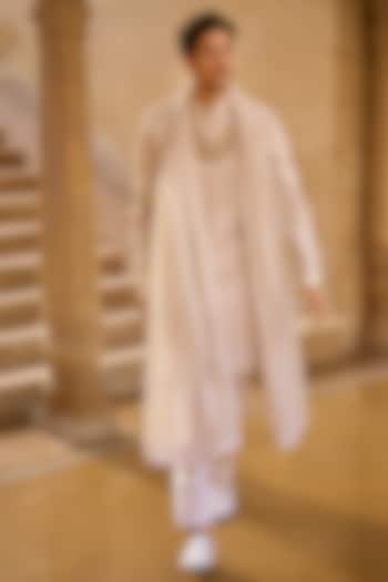 Ivory Raw Silk Sequins Embroidered Groom Sherwani Set by Seema Gujral Men at Pernia's Pop Up Shop