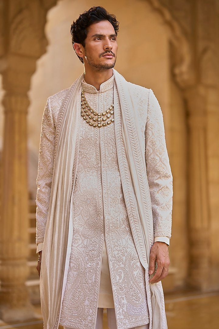 Ivory Raw Silk Sequins Embroidered Groom Sherwani Set by Seema Gujral Men at Pernia's Pop Up Shop