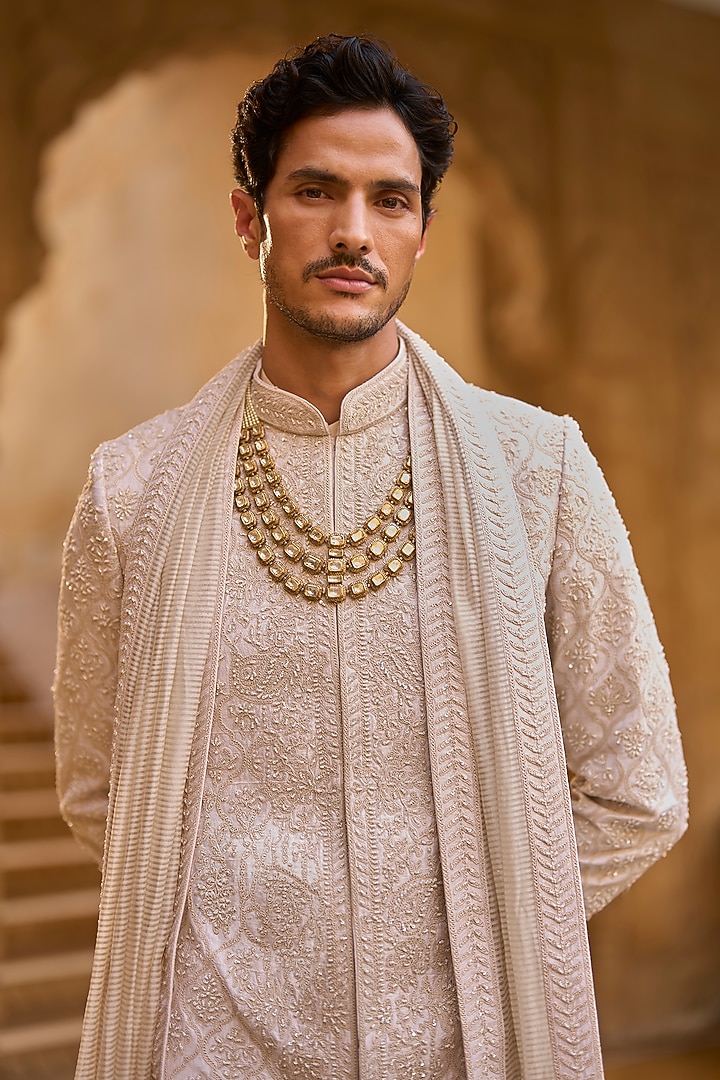 Ivory Raw Silk Sequins Embroidered Groom Sherwani Set by Seema Gujral Men at Pernia's Pop Up Shop