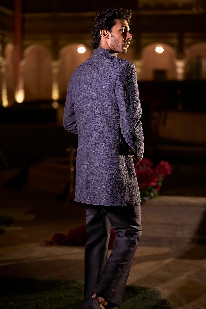 Navy Blue Raw Silk Thread Embroidered Groom Sherwani Set by Seema Gujral Men at Pernia's Pop Up Shop